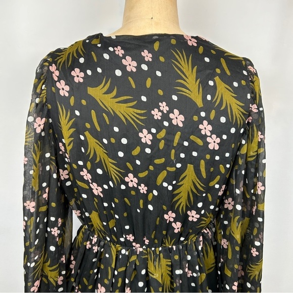 Vero Moda Black Pink Floral Sheer Long Sleeve V Neck Dress Size Medium - Picture 6 of 14